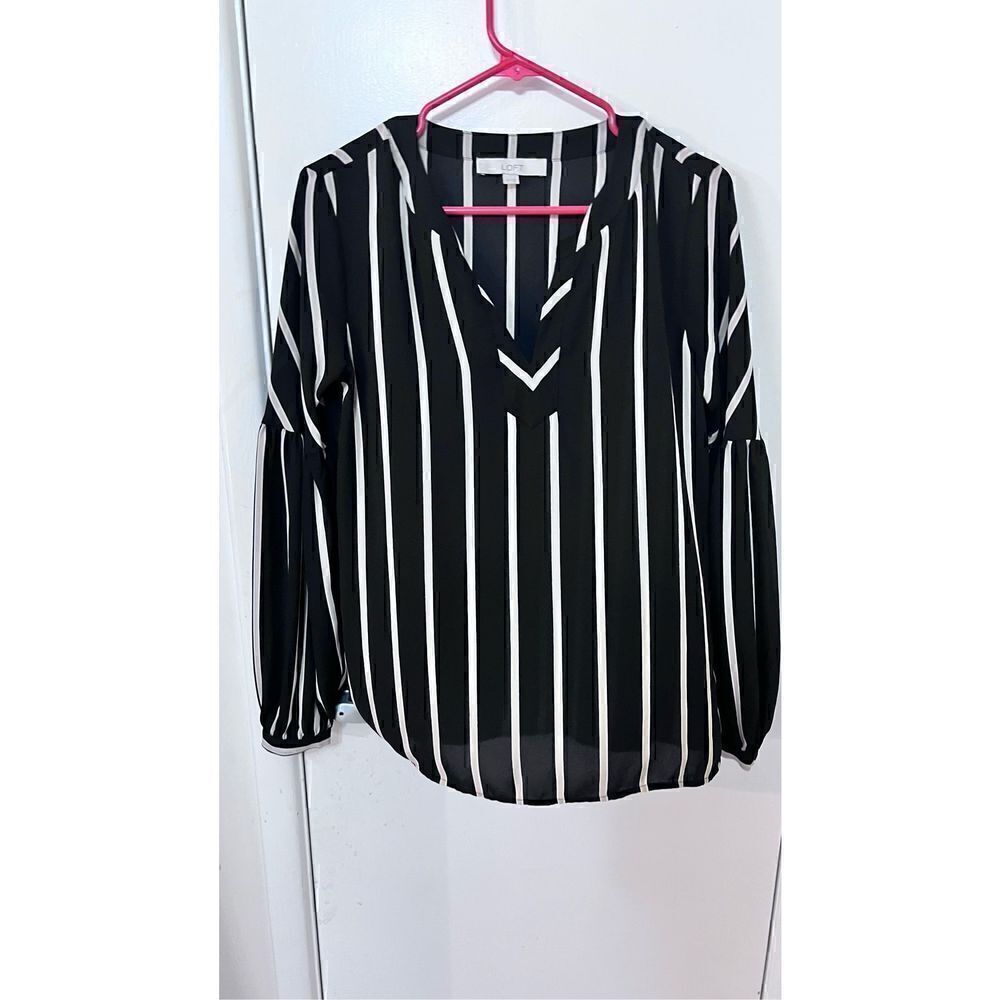 LOFT SPLIT NECK TUNIC BLCK BEIGE TAN STRIPE BLOUSEโWOMENSโSIZEโXS